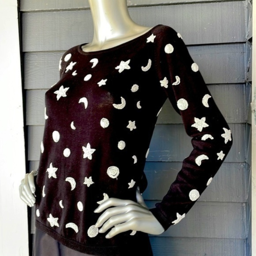 VTG Adrienne Vittadini Stars, Moon & Sun Beaded Sweater, S